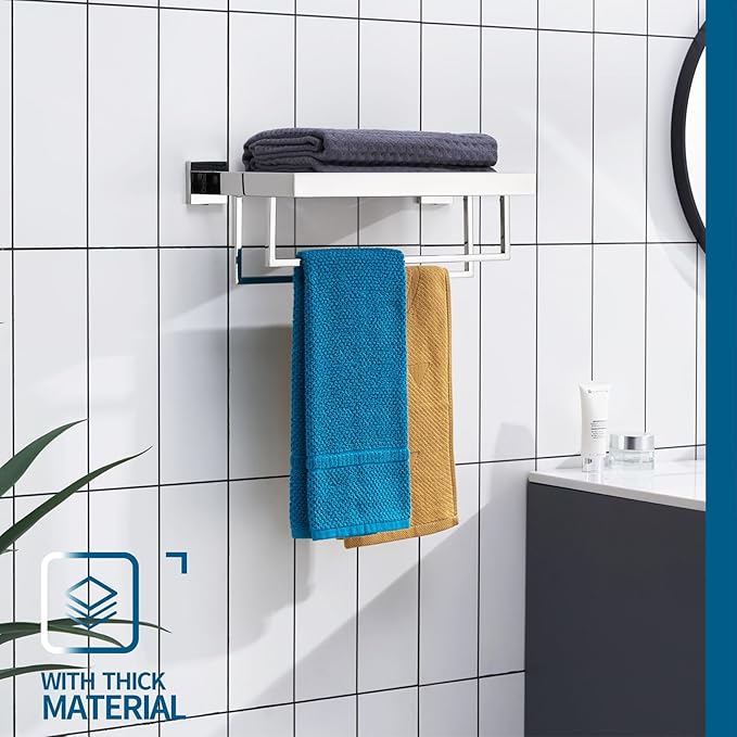 KOKOSIRI Bathroom Towel Shelf 16'' Chrome Towel Rack with Two Bath Towel Bars SUS304 Stainless Steel Wall Mounted, Polished Finish B6003CH-L16