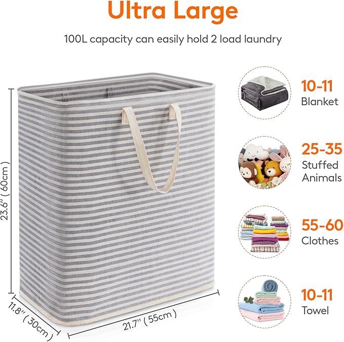 Lifewit 1 Pack Laundry Hamper Large Collapsible Laundry Baskets, Freestanding Waterproof Clothes Hamper with Easy Carry Handles in Laundry Room Bedroom Bathroom College Dorm, Grey, 100L