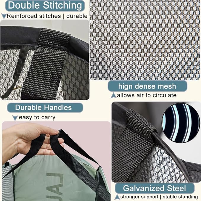 Collapsible Mesh Pop Up Laundry Hamper 2Pack Foldable Laundry Basket for clothing, stuffed animals, towels, for Laundry Room, Dorm, Apartment (Black+Grey)