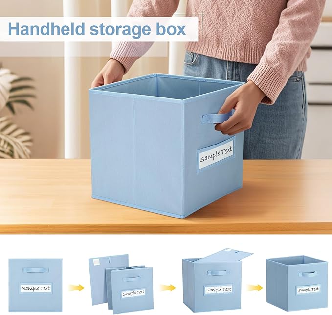 artsdi 13x13x13 storage cube bins (Set of 10) Fabric storage cubes with 10 Labels Window Cards & a Pen, storage cubes 13x13, Collapsible 13 inch cube storage bins, Cubby Organizer Boxes, Pastel Blue