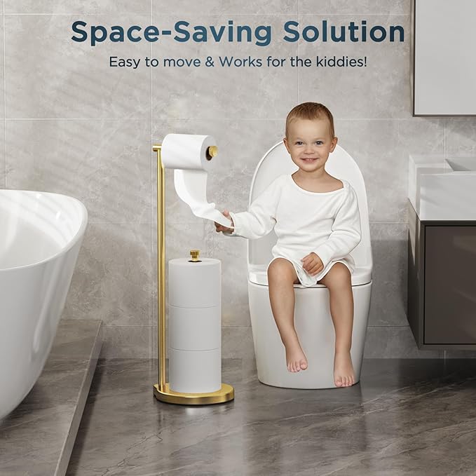 theaoo Heavy-Duty Toilet Paper Holder Stand – Modern Freestanding Bathroom Toilet Tissue Paper Roll Holder with Reserve & Storage, Stainless Steel (Brushed Gold, Free Standing)