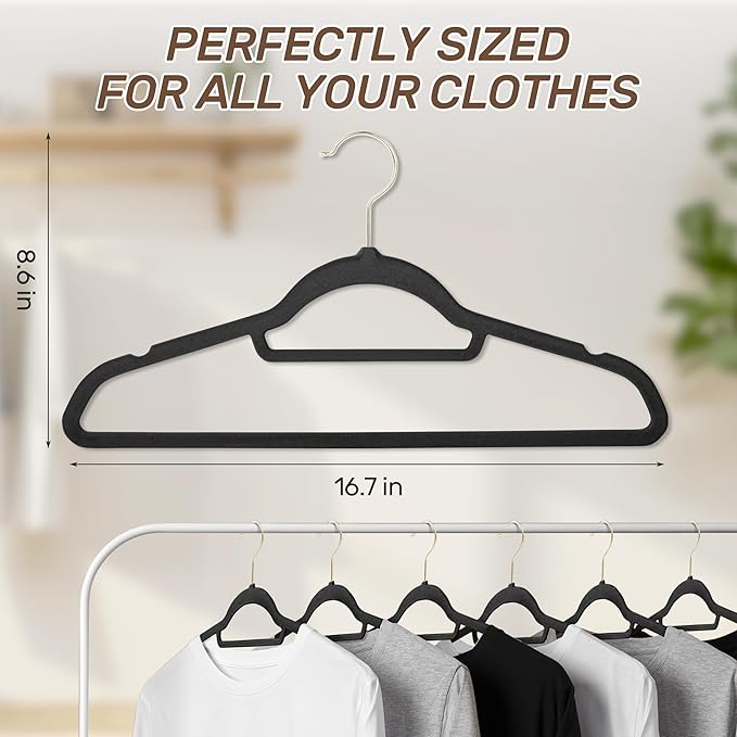 Velvet Hangers 30 Pack with Gold Hooks, Non-Slip Slim Felt Hanger for Clothes, Space Saving Heavy Duty Flocked Hangers for Dresses, Coats, Pants(Black)