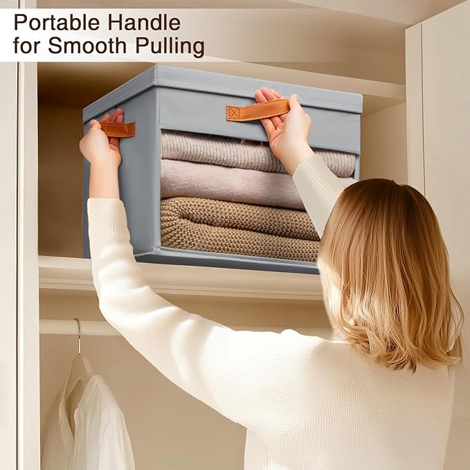 Large Storage Bins with Lids - 4 Pack Foldable Decorative Organizers with Clear Windows & Handles, Cube Storage Organizers for Clothes, Blankets, Sweaters, Sheets, Grey