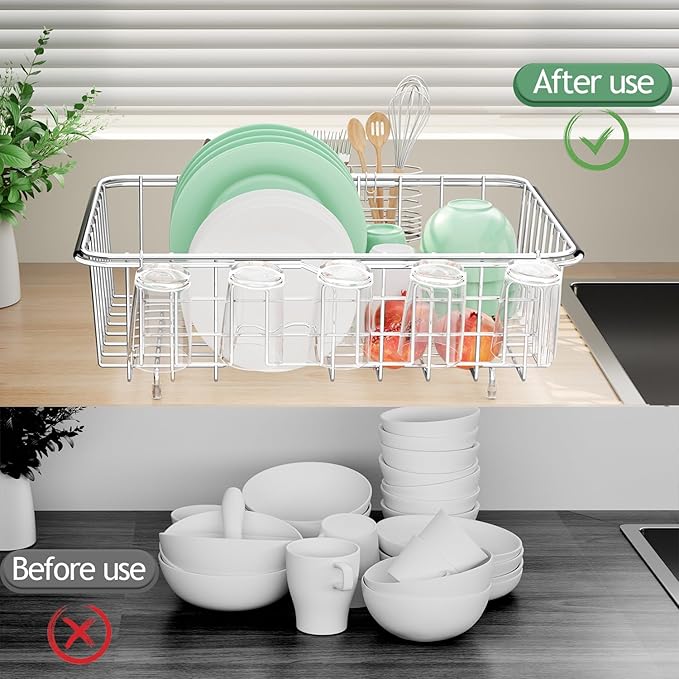 Dish Drying Rack in Sink, Extendable Stainless Steel Dish Drainers for Kitchen Counter, Anti-Rust Dish Dryer Rack with Utensil & Cup Holders, for Inside Sink, Over The Sink
