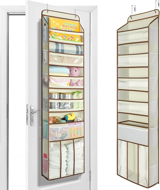 Yecaye 6 Tier Over The Door Organizer with Detachable Bin, Stuffed Animal Storage with Clear PVC Windows, Door Organizer Hanging for Bedroom Nursery Closet Dorm Room Laundry Pantry Bathroom, Beige
