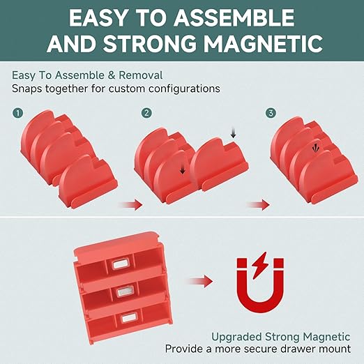 48PCS Tool Magnetic Wrench Organizer,Customizable Magnet Modular Tool Organizer for Tool Drawers - Wrench Rack with Metric&SAE Labels-Perfect Tool Storage Holder-Ideal Gift Choice(Red with Magnets)