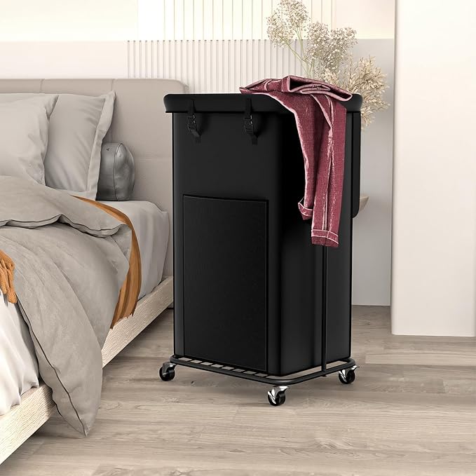 100L Large Laundry Hampers with Lid, Oxford Fabric Laundry Hampers Clothes Hampers, Metal Frame and Removable Bag Design with Wheels, Suitable for Bedroom, Bathroom (100L Black&Lid, 100L)