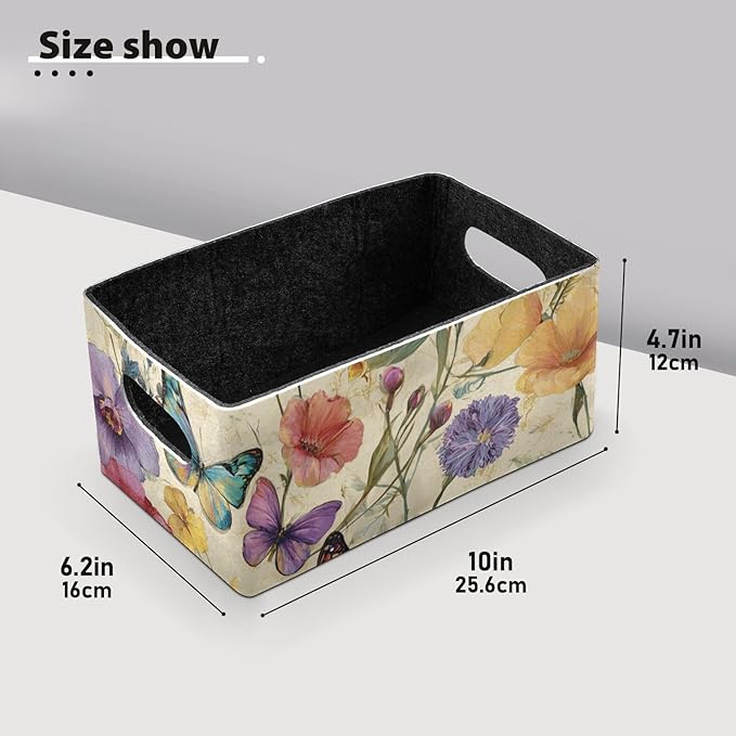 Closet Storage Bins 2 Pcs Felt Open Home Storage Containers Organizer with Handles Collapsible Shelf Basket for Home Office Craft Room Classroom Fabric Watercolor Pink Purple Flowers Butterfly