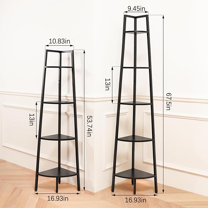 Yoobure 4-Tier Corner Shelf with Metal Frame, Ladder Bookshelf Display for Bedroom Living Room, Tall Bookcase Plant Stand, Wood Small Shelf Stand Home
