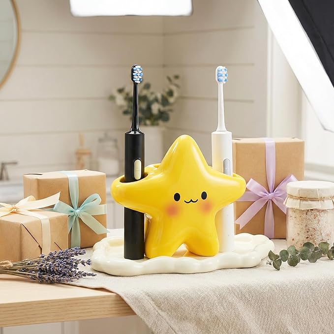Toothbrush Holder Set for Bathroom - Cute Toothpaste Stand with 2 Tooth Brush Head Cover Cap Travel Case - Bathroom Decor Organizer Countertop Accessories Storage