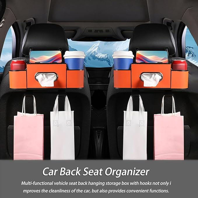 Car Organizers and Storage Box, Car Organizers and Storage Box Behind Set, 4 in 1 Multifunctional Cars Organizer and Storage Back Seat for Hold Phone, Drinks, Handbag, Universal Fit (Brown*1)