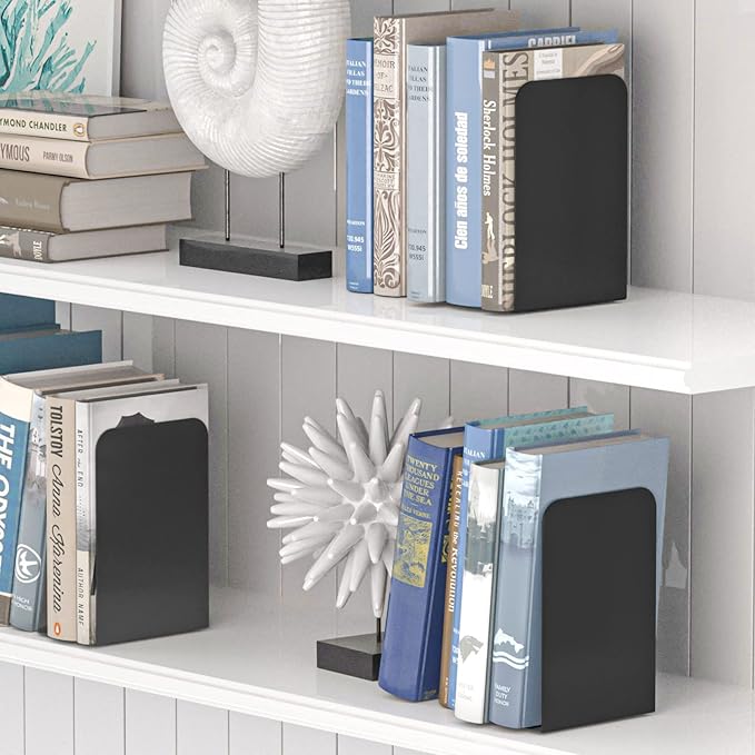 VFINE Bookends 3 Pairs, Black Metal Book Ends, Heavy Bookends for Shelves, Book Stopper for Heavy Books, Book Organizer for Home Office School Supplies