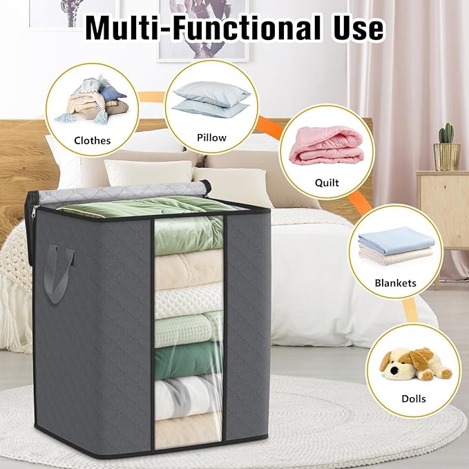 Clothes Storage Bags, 6-Pack Comforter Blanket Organizers, 80L Large Capacity Containers with Visual Window for Clothing, Quilt, Sheet, Pillow, Closet Organization for Bedding (Grey)