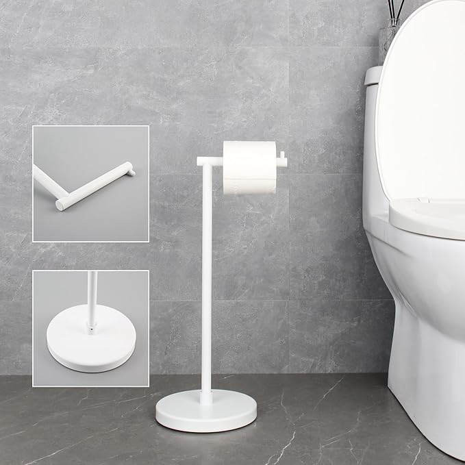 GERZWY Bathroom Free Standing Toilet Paper Holder SUS 304 Stainless Steel Stand Modern Paper Towel Holder, White