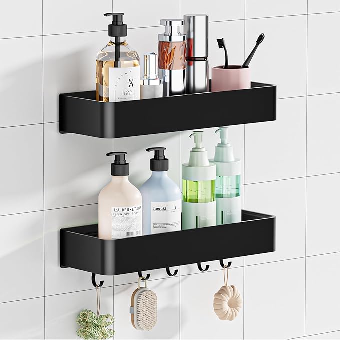 Shower Caddy Adhesive, No Drill Rustproof Bathroom Shelf, 2 Pack Large Capacity Aluminum Shower Shelves, Shower Organizer Rack with 5 Removable Hooks,Black