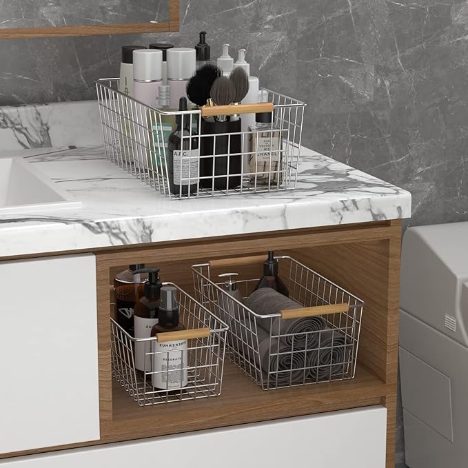 3 Pack Wire Storage Baskets for Organizing,Household Pantry Storage Freezer Baskets with Wooden Handles,Metal Storage Baskets for Bathroom, Laundry, Garage，Sliver