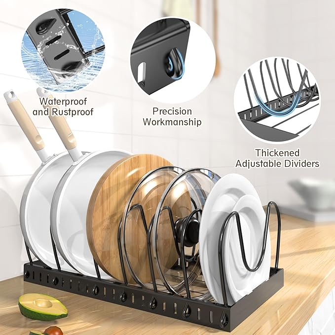 2PACK Pot Lid Organizers Inside Cabinet for Kitchen, Pots and Pans Organizer Under Cabinet with 16 Adjustable Dividers, Countertop Lid Holder, Rust-Resistant, Tool-Free Installation, Easy to Clean