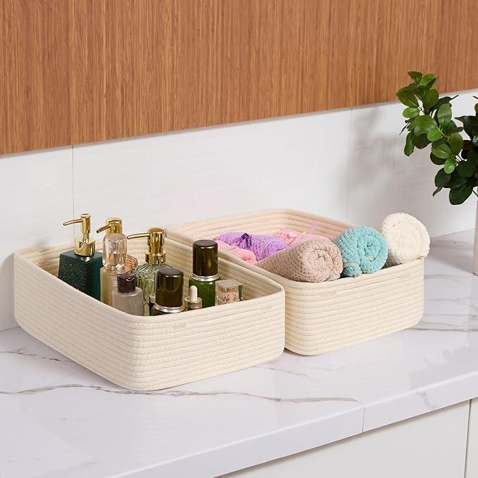 Large Shallow Organizing Baskets 15x11x5.1 Inches - Rope Woven Storage Bins for Bathroom, Shelves, Cube Closet, Beige 3 Packs