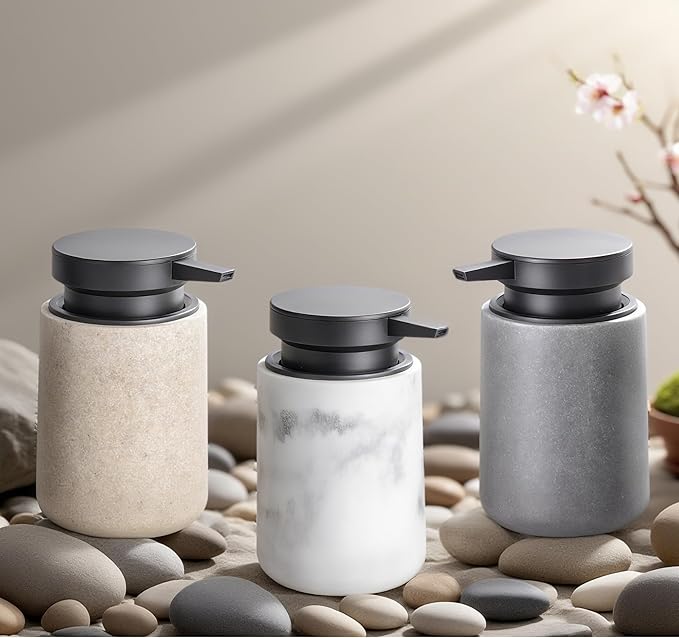 Liquid Soap Dispenser with Easy-to-Press Pump, 10 oz Refillable Hand Soap Dispenser with Extended Spout for Bathroom Kitchen Dish Lotion, Modern Stone Texture (White)