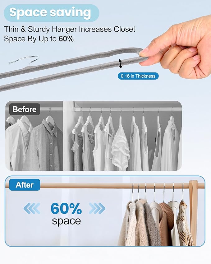 Velvet Hangers Non Slip - 20 Pack Pants Hangers for Closet - Thin Space Saving Clothes Hanger - Strong, Durable, Jean Perchas with 360 Degree Rotatable Hook for Tank Top (Grey Silver Hook)