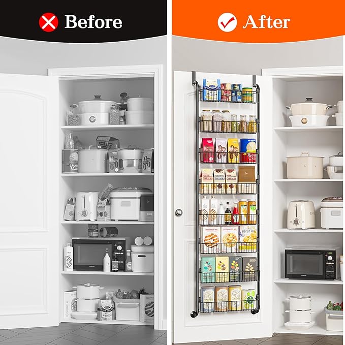 MIAOLI Over the Door Pantry Organizers and Storage, 8-Tier Spice Rack, Home & Kitchen Storage Shelves for Cabinet, Large Capacity Hanging Seasoning Organizer, Laundry Room Organization, Black
