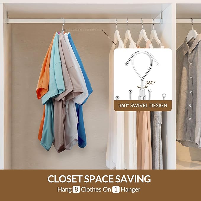 ZEDODIER 2 Pack Space Saving Hangers for Clothes,Rotatable Sturdy Shirt Hangers with 16 Hooks, Non Slip Multiple Shirt Organizer for T-Shirts Sweatshirts Hoodies, Silver