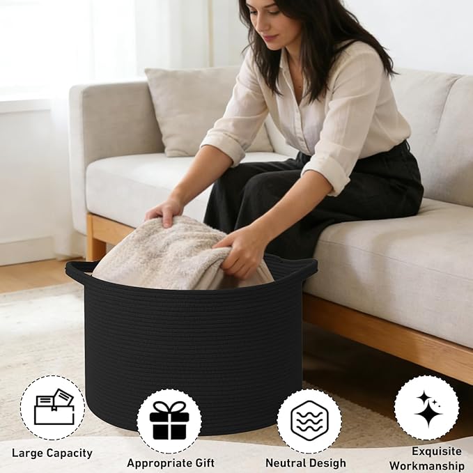 115L Large Blanket Basket,23.6" L x 23.6" W x 15.7" H Rope Woven Baskets with Handles, Toys Storage Bins,Laundry Basket Perfect for Living Room, Nursery,Bedroom,Home Organization,Black