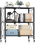 HealSmart 3-Tier Foldable Metal Heavy Duty Storage Shelving Unit with Wheels, Organizer Shelves for Garage Kitchen Holds up to 750 lbs Capacity, Black