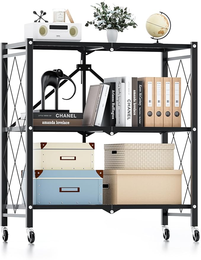 HealSmart 3-Tier Foldable Metal Heavy Duty Storage Shelving Unit with Wheels, Organizer Shelves for Garage Kitchen Holds up to 750 lbs Capacity, Black