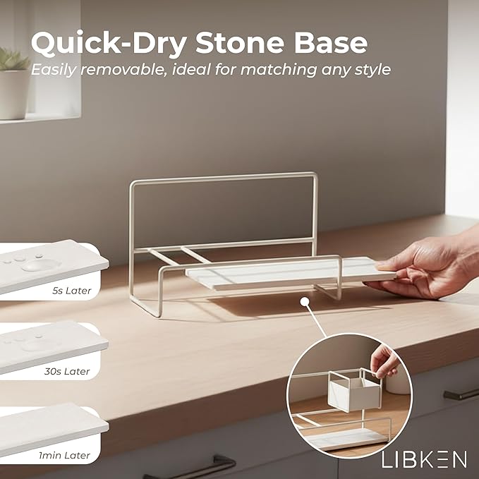 Kitchen Sponge Holder with Drying Stone – Warm Grey Powder Coated Metal Sink Caddy – Minimal Scandinavian Design Sponge Rack for Kitchen Sink Organization & Elegant Countertop Storage