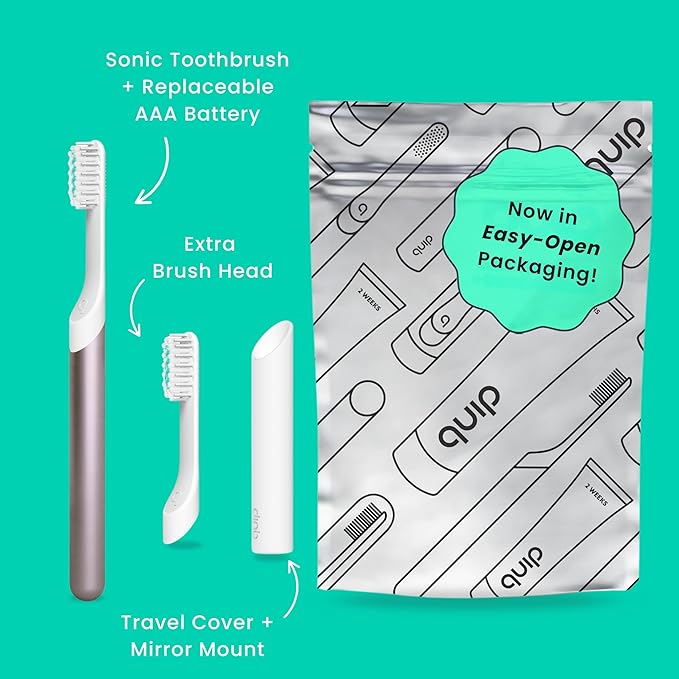 Quip Metal Sonic Electric Toothbrush for Adults - Time Travel & Soft Bristles with Travel Case & Replacement Brush Head - 3 Month Battery Life - Dusk Plum