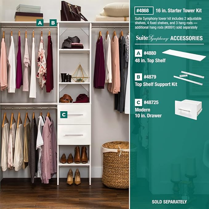 ClosetMaid SuiteSymphony Wood Closet Organizer Starter Kit with Tower and 3 Hang Rods, Shelves, Adjustable, Fits Spaces 4 – 9 ft. Wide, Pure White