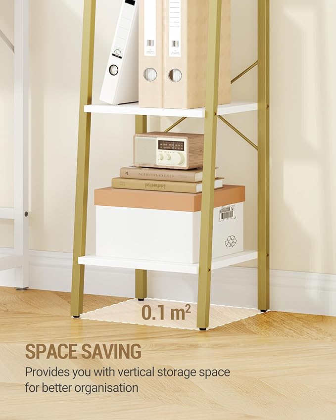 Ladder Shelf, Bookshelf Bookcase, Freestanding Corner Storage Shelve with 2 Hooks for Home Office, Living Room, Kitchen, Bedroom, Industrial, 11.8" D x 13.4" W x 47.2" H, White Gold BC13213G