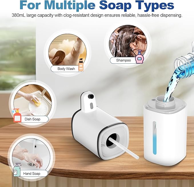 Automatic Liquid Soap Dispenser, 9 Adjustable Levels, 380ml/12.8oz, Auto Touchless Hand Soap or Dish Soap Dispenser,USB Rechargeable Dispenser,Wall Mount or Tabletop Use for Bathroom Kitchen