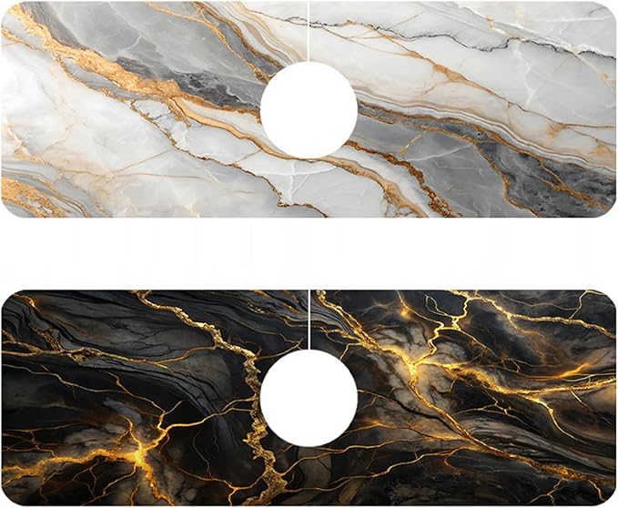 2 Pack Marble Texture Sink Splash Guard Faucet Mat Liquid Gold Marble Texture Super Absorbent Fast Drying Mat Sink Gadgets-Splash Guard Behind Faucet Drip Catcher for Kitchen Bathroom, 15.5"x5.5"