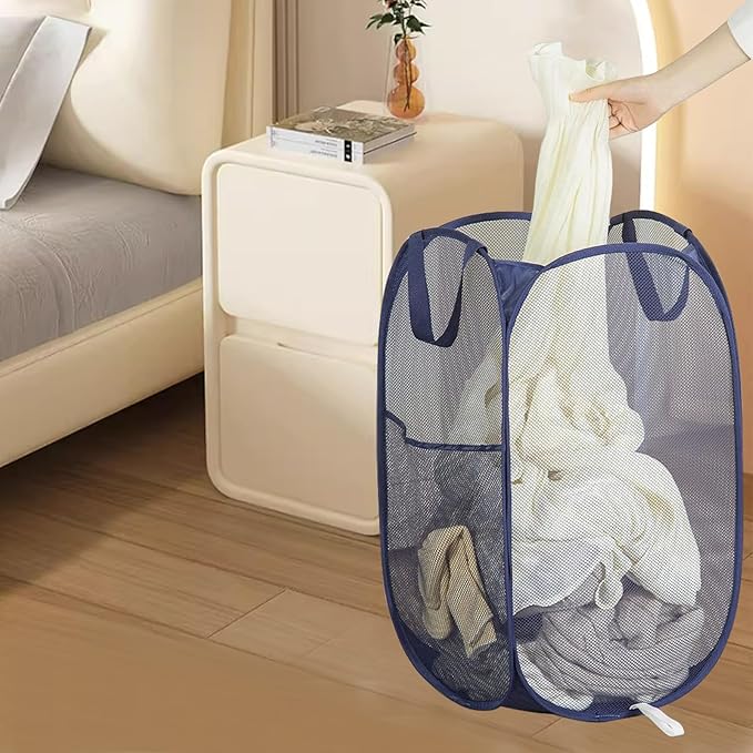 2 Pack Collapsible Pop Up Laundry Hamper, Large Capacity Mesh Laundry Basket Space Saving for Apartments, Student Dorms, Apartment (Beige+Blue)