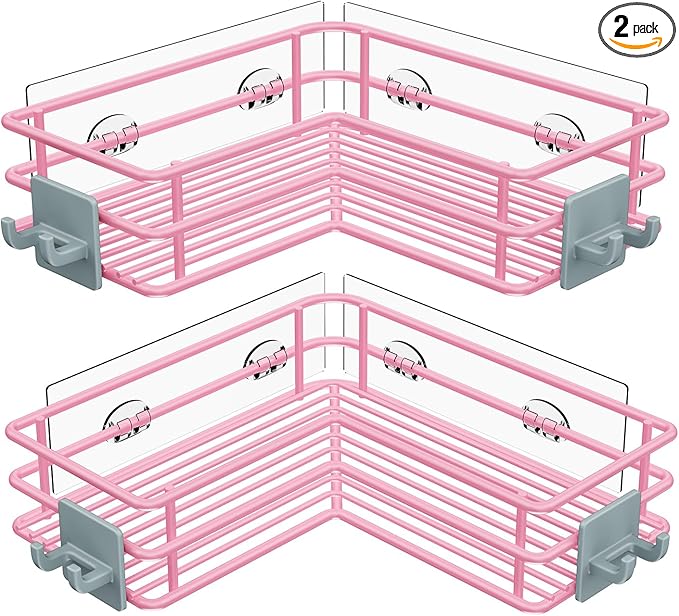 Nieifi Adhesive Corner Shower Caddy Shelf Basket Rack with Hooks, Rust Proof Stainless Steel Bathroom Shelf Shampoo Holder No Drilling (Pink)