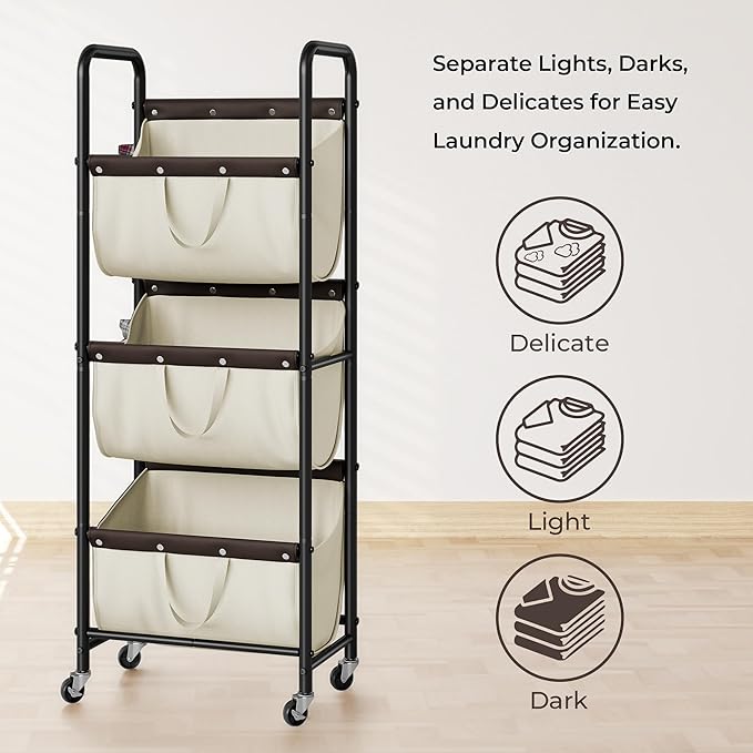 GRANNY SAYS 3 Tie Laundry Sorter, Laundry Basket with Wheels, Laundry Room Organization and Storage, 3 Section Rolling Laundry Cart for Dorm, Bathroom, Bedroom, Closet, Beige