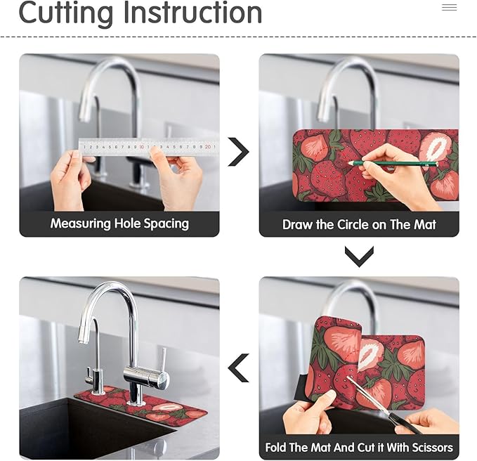 Kitchen Sink Splash Guard 2 PCS 14.7 Inch Sink Faucet Mat Splash Guard for Bathroom Countertop Water Absorbent Foldable Cuttable Soft Washable Cartoon Red Strawberry