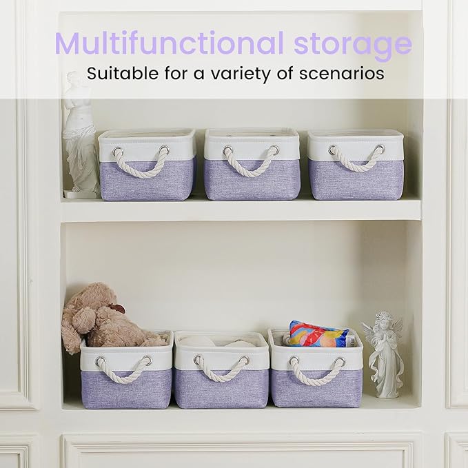 Storage Baskets for Shelves 11.8x7.9x5.2 Inch, Foldable Fabric Storage Bins with Handles, Small Storage Baskets for Organizing Closet, Office, Home Organization (6-Pack, White&Purple)