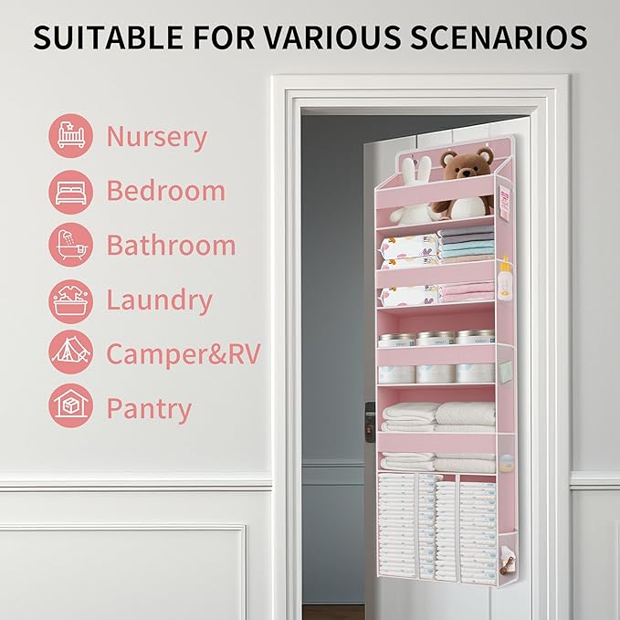 1 PC Pink Over the Door Organizer with 1 Large Capacity Caddy, 4 Shelf & 10 Mesh Side Pockets, Pink Stuff Hanging Storage and Girl Essentials Closet Organizer for Cute Room, Bedroom
