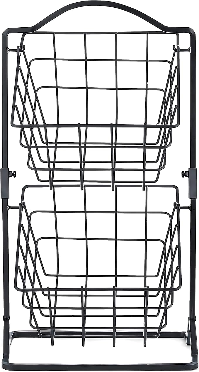 Wetheny 2 Tier Iron Fruit Basket Fruit Bowl for Kitchen Counter,Bread,Fruit and Vegetable Holder Storage Basket,Wire Hanging Basket stand for Kitchen Organizer, Matte Black