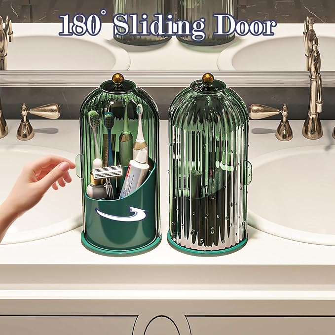 Zufudo Dustproof Toothbrush Holders with Cover, Rotating Electric Toothbrush and Toothpaste Holder for Bathroom Countertop, 3 Slots Makeup Brushes Organizer, All Green