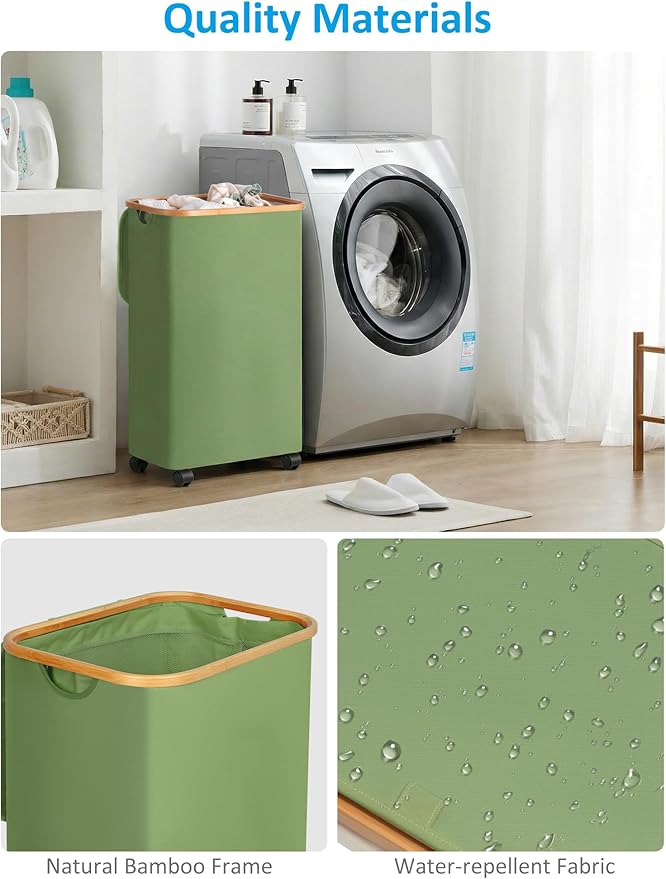 efluky Laundry Basket with Wheels, Tall Rolling Laundry Hamper with Lid and Removable Bag, Aesthetic Dirty Clothes Hamper on Wheels for Laundry Room, Bedroom, Dorm and Bathroom, 100L Green