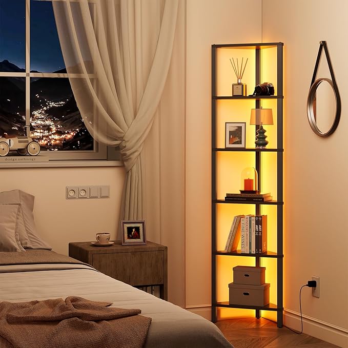 TUTOTAK Corner Shelf with LED Light, 6-Tier Corner Bookshelf for Small Space, Narrow Display Corner Shelf Stand with Storage Rack, for Living Room, Bedroom, Black BS05BK006L