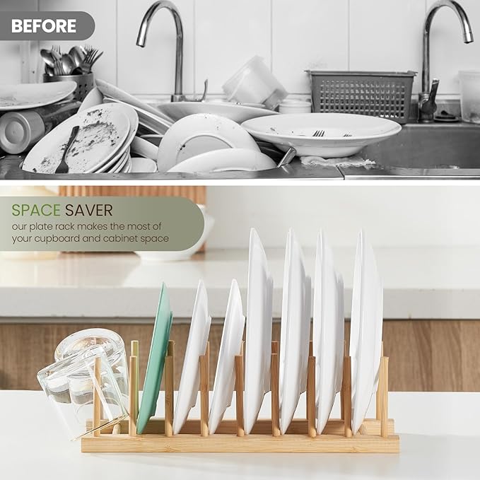 Bamboo Wooden Dish Rack-Plate Pot Lid Cutting Board Organizer Holder Rack for Cabinet-Kitchen Cabinet Organizer for Dish, Pots, Lids, Bowls, Bottles, Books, and Puzzle