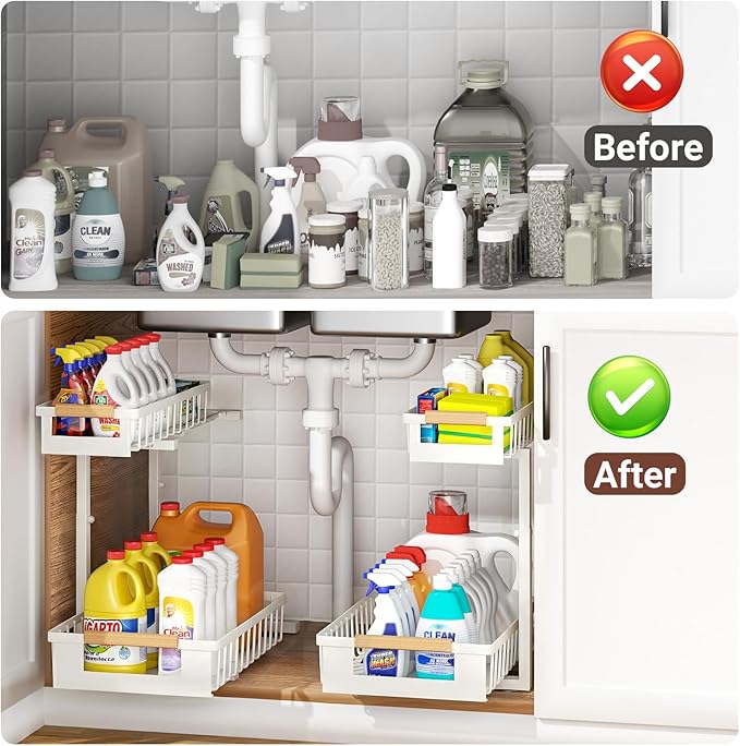 Under Sink Organizer 2-Pack 2 Tier Pull out Cabinet Organizer Shelf Metal Undersink Rack for Kitchen Bathroom Pantry Cabinet Organization and Storage, White