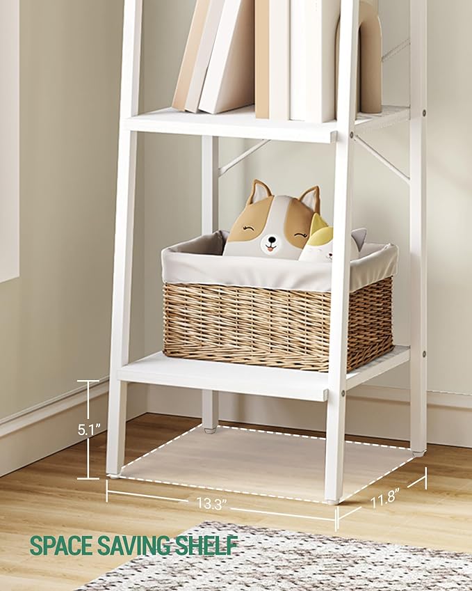 Ladder Shelf, Bookshelf Bookcase, Freestanding Corner Storage Shelve with 2 Hooks for Home Office, Living Room, Kitchen, Bedroom, Industrial, 4-Tier White BC13213W