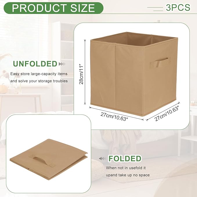uxcell 3Pcs Fabric Storage Bins, 11 Inch Cube Storage Bin Foldable Storage Cube Organizer Bins with Handles for Shelf Closet, Nursery Home, Bedroom(Khaki)