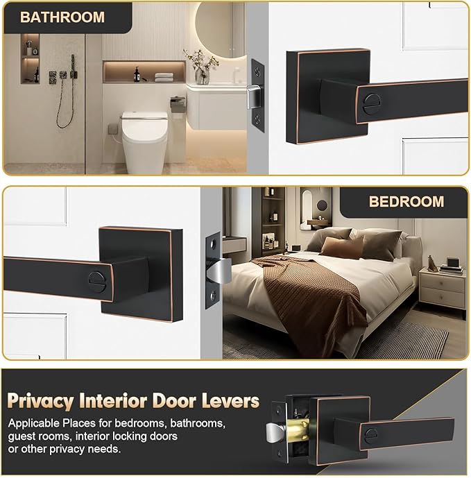 Privacy Door Levers, 2 Pack Oil Rubbed Bronze Door Handles Interior Heavy Duty Bed and Bath Keyless Door Locksets, Reversible for Left Right Handed Doors